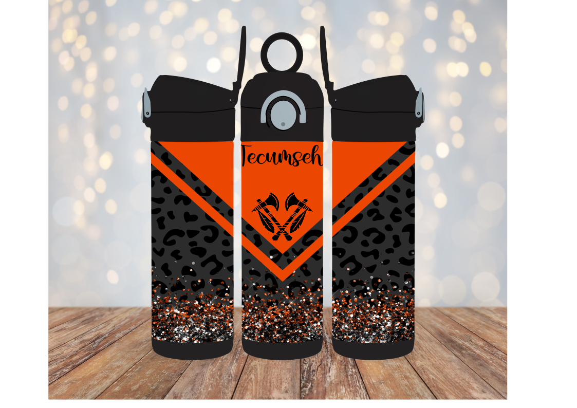 12oz Kids Flip Top Water Bottle With Orange and Black Cheetah and Glitter Tecumseh Design