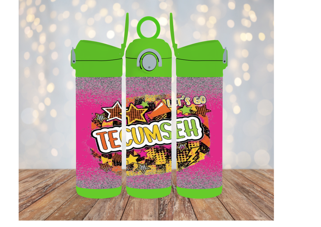 12oz Kids Flip Top Water Bottle With Bright Colors and Fun Tecumseh Design