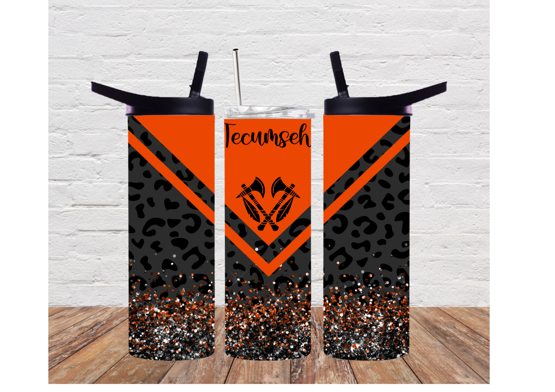 20oz Duo Lid Tumbler/Water Bottle with Orange and Black Cheetah With Glitter Tecumseh Design