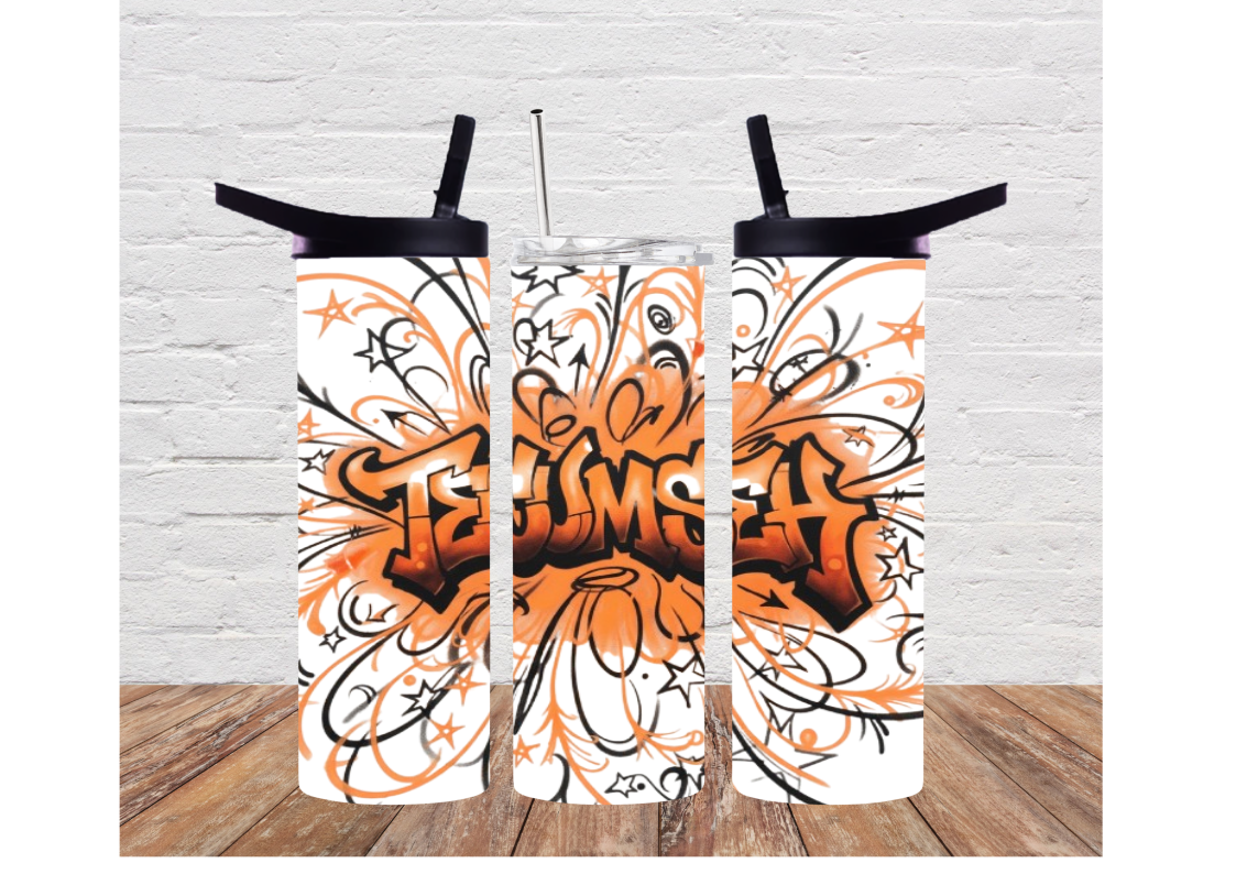 20oz Duo Lid Tumbler/Water Bottle with Orange and Black Lines and Stars Tecumseh Design
