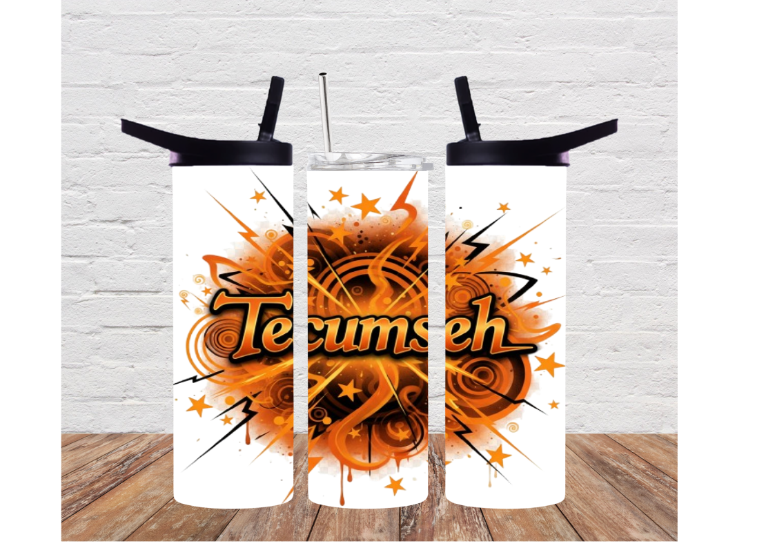 20oz Duo Lid Tumbler/Water Bottle with Orange and Black Lightning Bolts and Stars Tecumseh Design