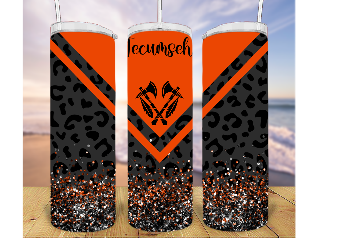 20oz Tumbler With Orange and Black Cheetah and Glitter Design