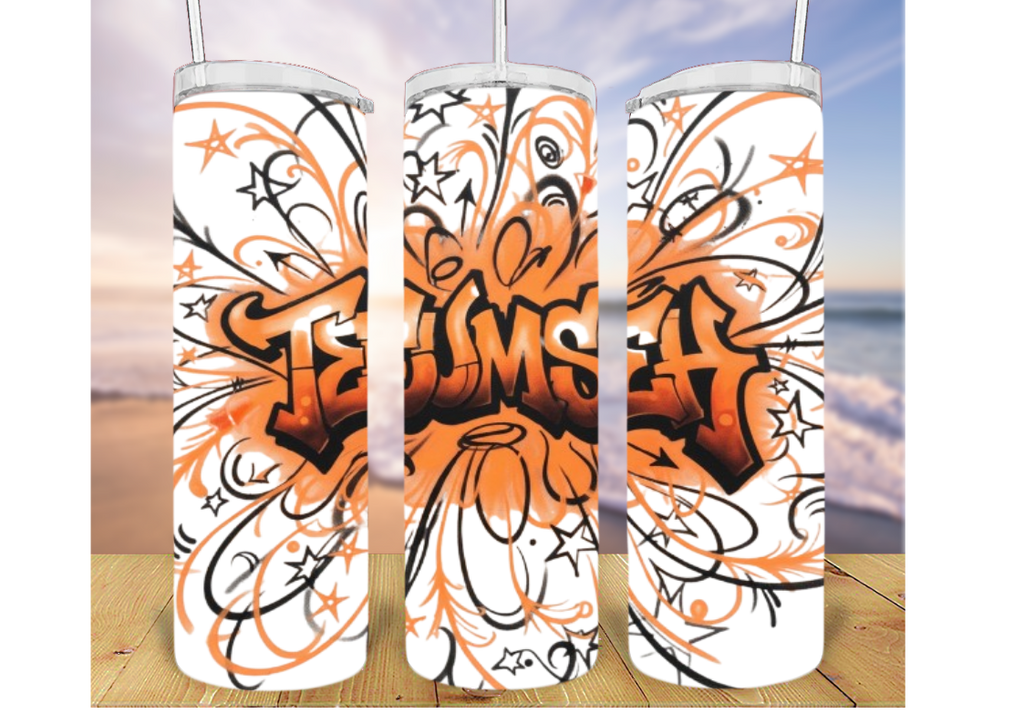 20oz Tumbler With Orange and Black Lines and Stars Tecumseh Design