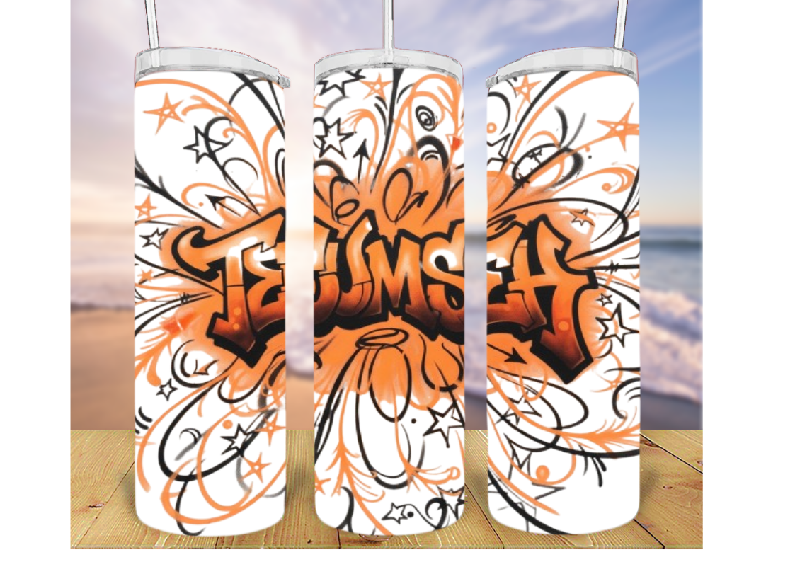 20oz Tumbler With Orange and Black Lines and Stars Tecumseh Design