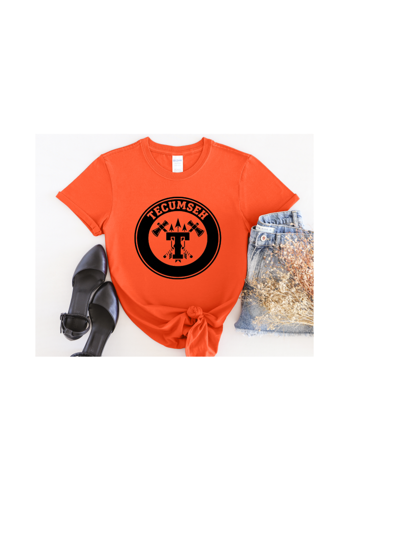 Youth and Adult Orange Short Sleeve T-Shirt with Tecumseh Circle Design Design - Sizes up to 5XL