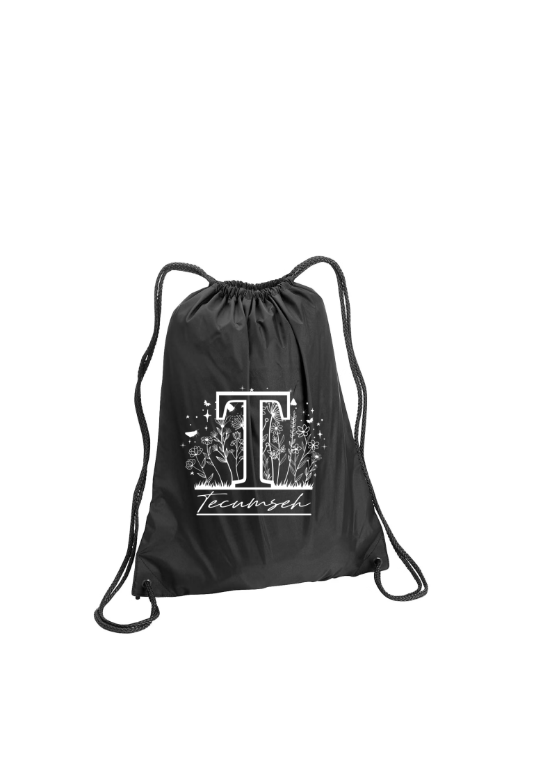 Black Drawstring Bag with Split T Floral Tecumseh Design