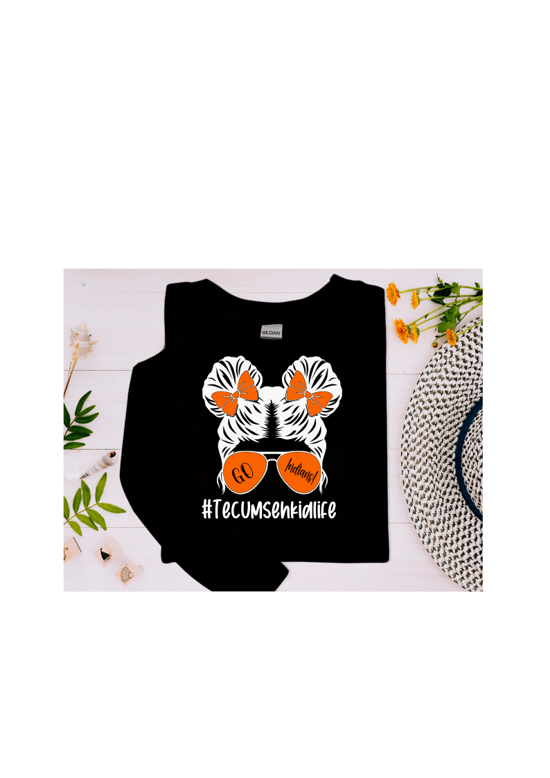 Youth and Adult Black Sweatshirt with Tecumseh Kid Life Messy Bun Design - Sizes up to 5XL