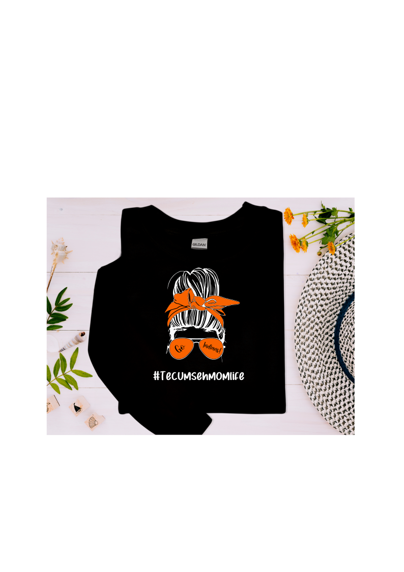 Youth and Adult Black Sweatshirt with Messy Bun Tecumseh Mom Life Design - Sizes up to 5XL