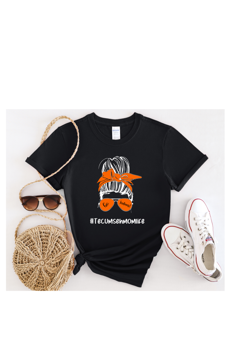 Adult Black Short Sleeve T-Shirt with Tecumseh Mom Messy Bun Life Design - Sizes up to 5XL