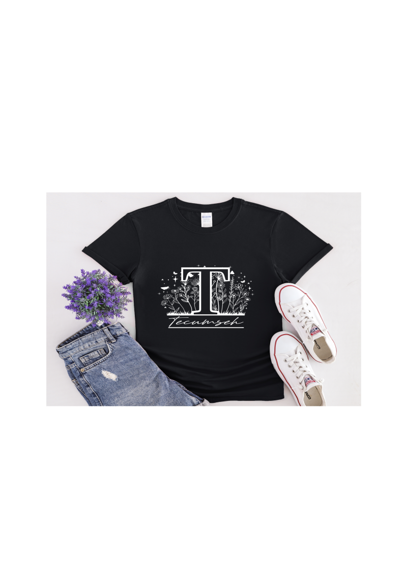 Adult Black Short Sleeve T-Shirt with Split T Floral Tecumseh Design - Sizes up to 5XL