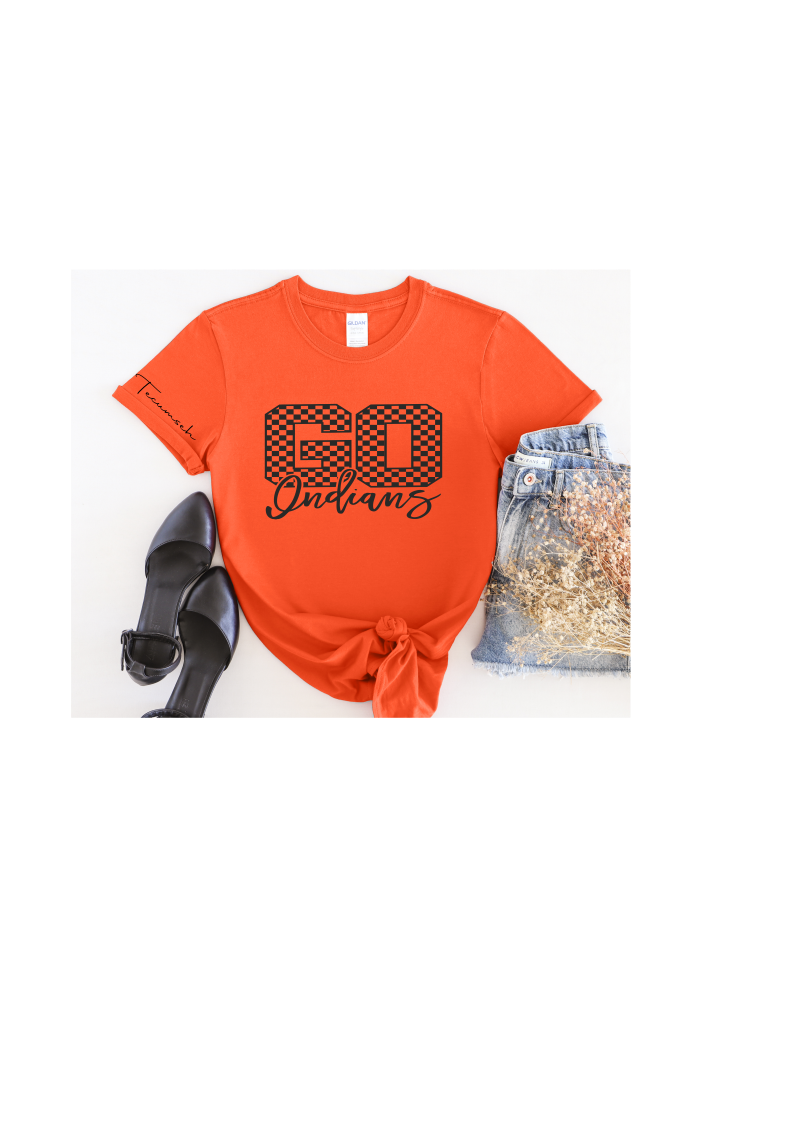 Youth and Adult Orange Short Sleeve T-Shirt with Checkered Go Indians Design - Sizes up to 5XL
