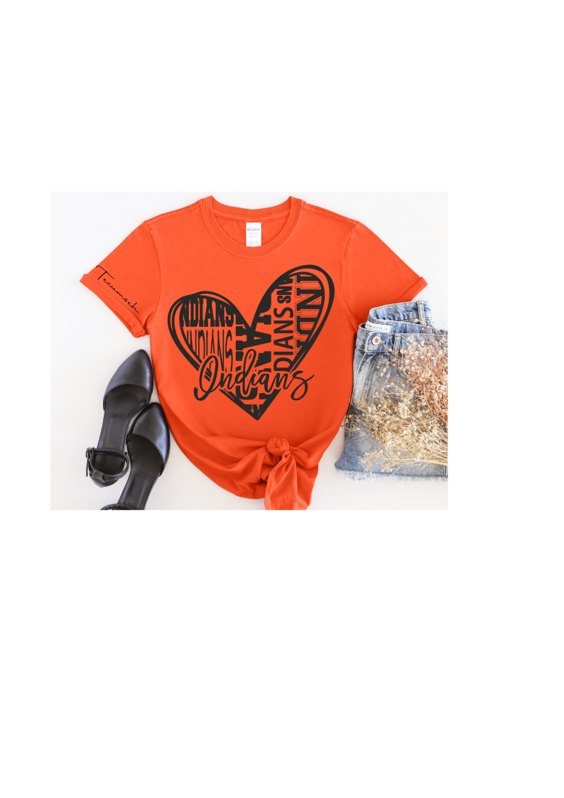 Youth and Adult Orange Short Sleeve T-Shirt with Heart Design - Sizes up to 5XL
