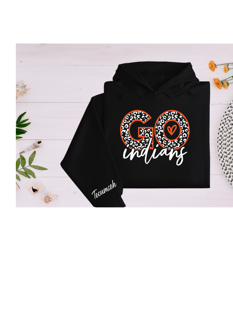 Youth and Adult Black Hoodie with Go Indians Design and Sleeve Detail - Sizes up to 5XL