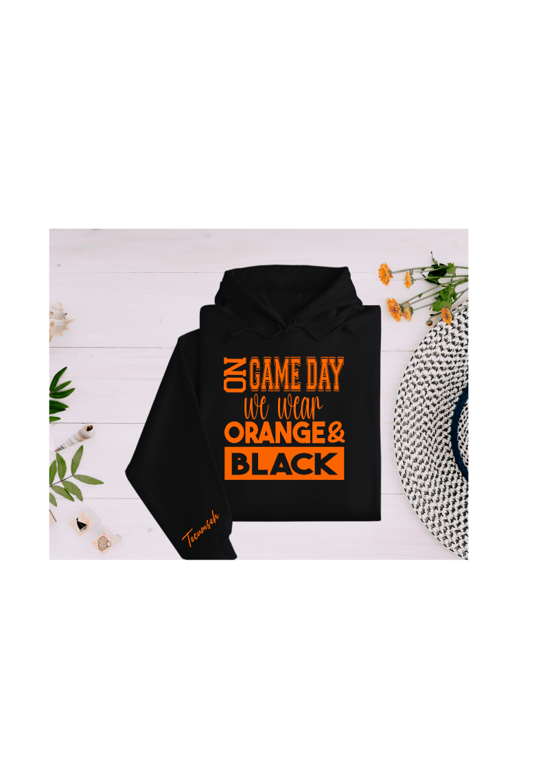 Youth and Adult Black Hoodie with Game Day Design and Sleeve Detail - Sizes up to 5XL