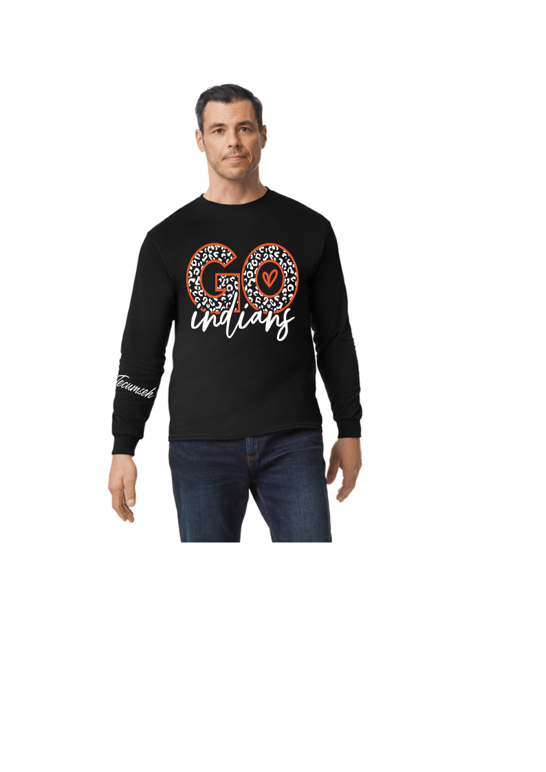 Youth and Adult Long Sleeve Black 100% Cotton T-Shirt With Go Indians Design - Sizes up to 3XL