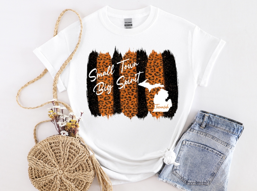 Youth and Adult White Short Sleeve 100% Polyester T-Shirt With Small Town Design - Sizes up to 3XL