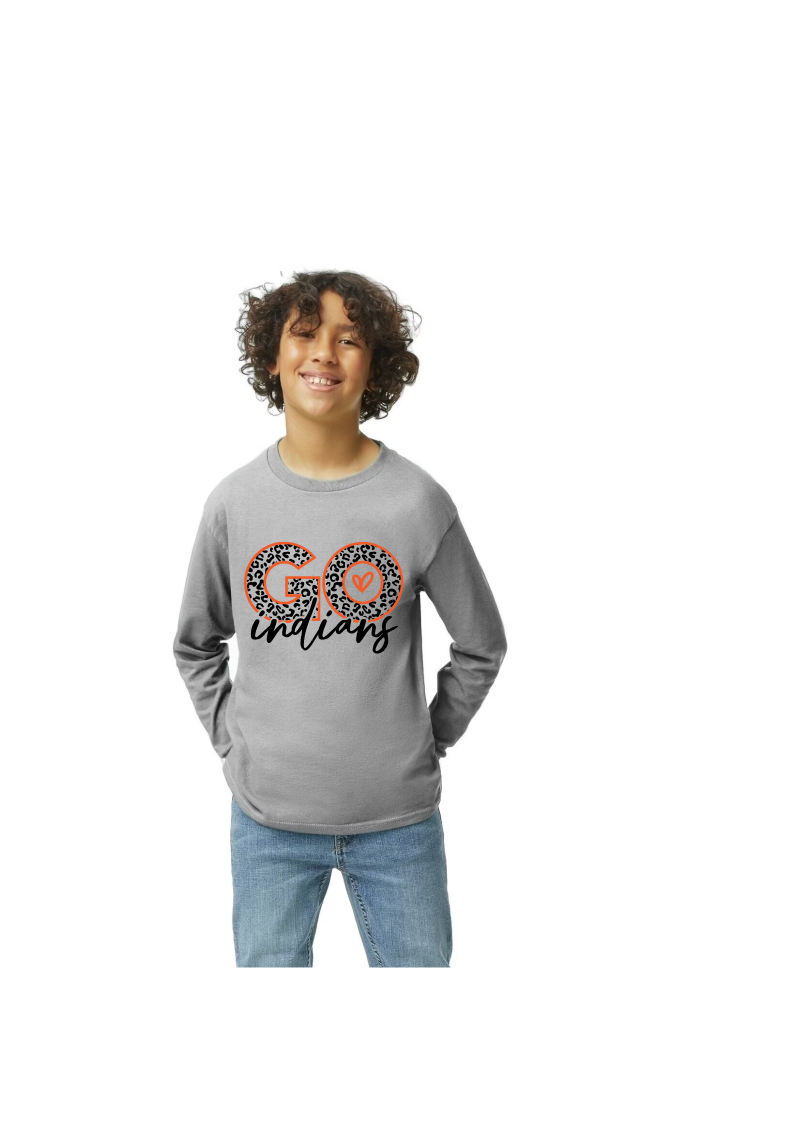 Long Sleeve Sport Gray 100% Cotton T-Shirt With Go Indians Design - Sizes up to 3XL