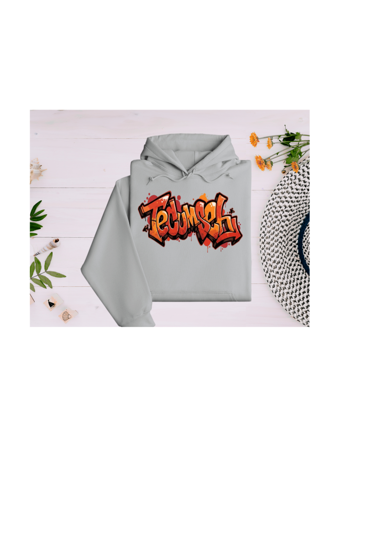 Youth and Adult Polyester Gray Hoodie with Tecumseh Graffiti Design  - Sizes up to 4XL