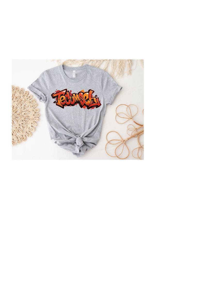 Youth and Adult Sports Gray Short Sleeve 100% Polyester T-Shirt With Graffiti Tecumseh  Design - Sizes up to 3XL