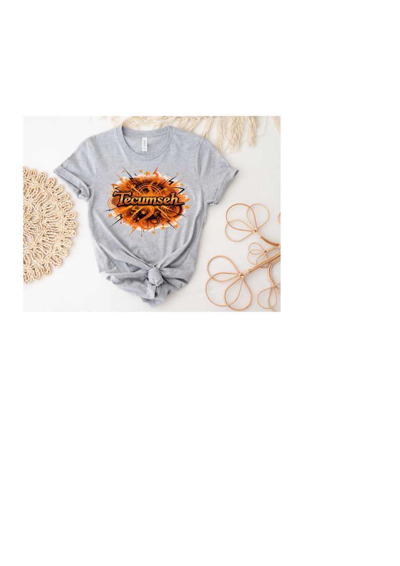 Youth and Adult Sports Gray Short Sleeve 100% Polyester T-Shirt With Tecumseh with Stars and Lightning Bolts Design- Sizes up to 3XL