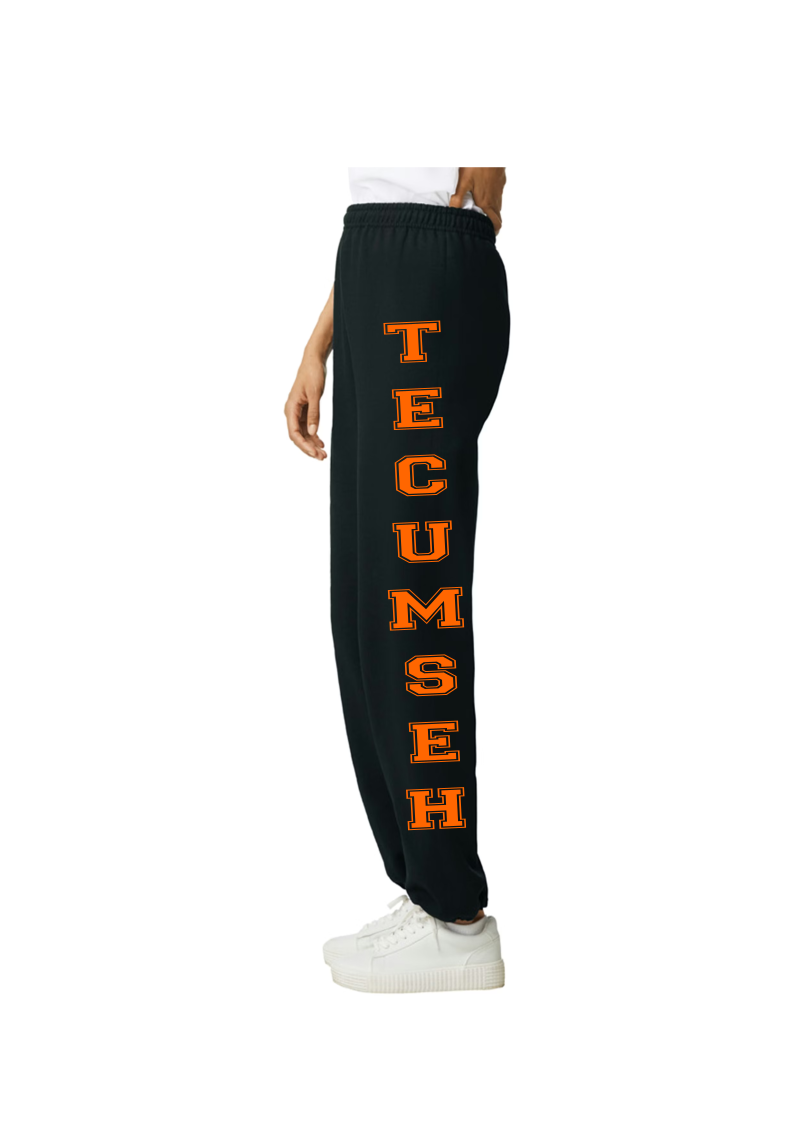 Youth and Adult Black Sweat Pants with Tecumseh Design Down One Leg - Sizes up to 3XL