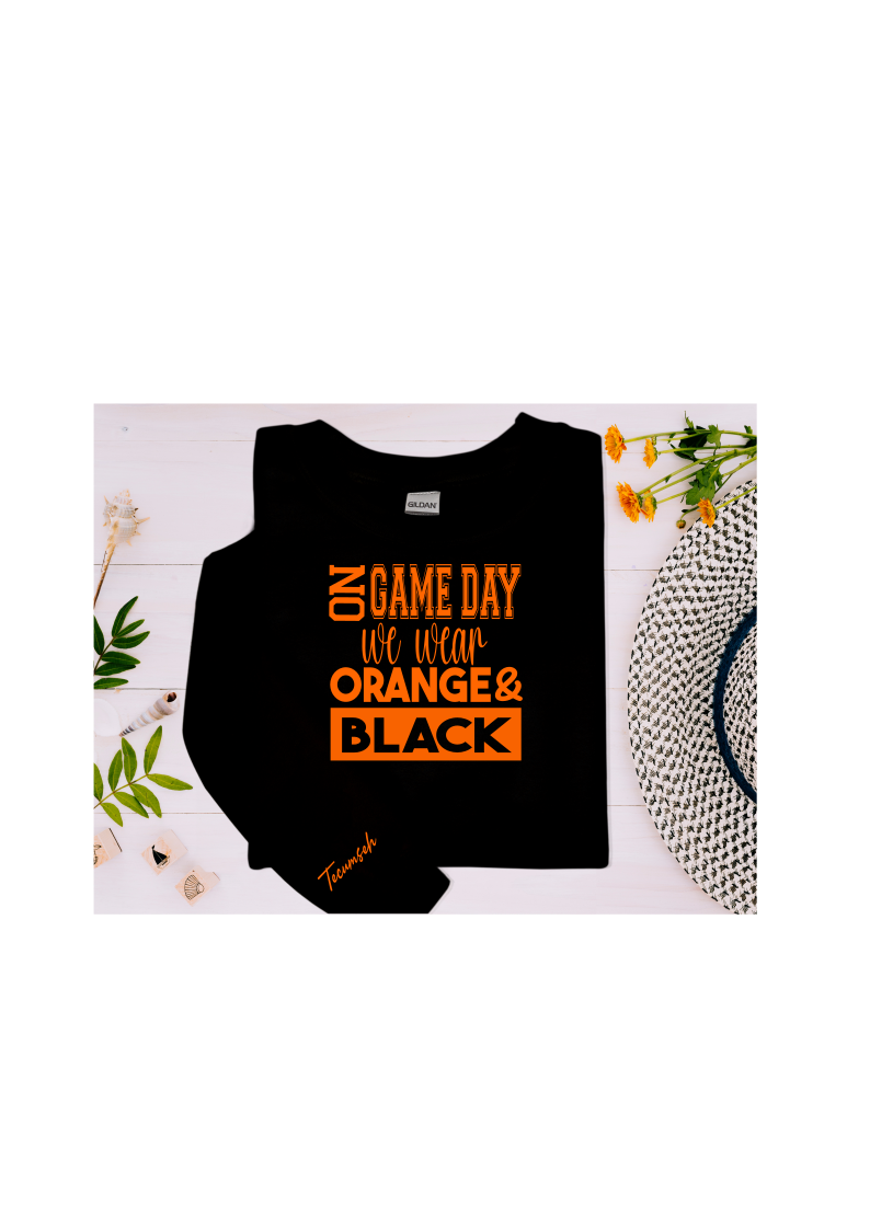 Youth and Adult Black Sweatshirt with Game Day Design and Sleeve Detail - Sizes up to 5XL