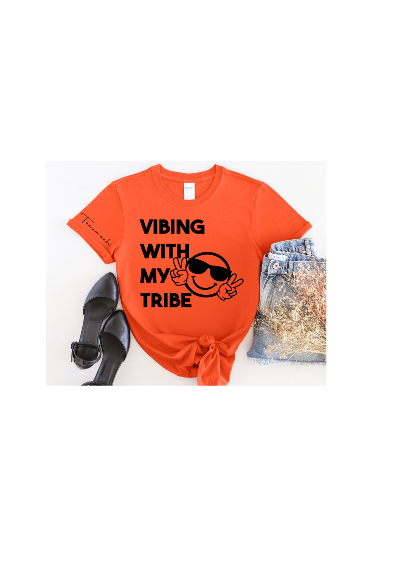 Youth and Adult Orange Short Sleeve T-Shirt with Vibing With My Tribe Design - Sizes up to 5XL
