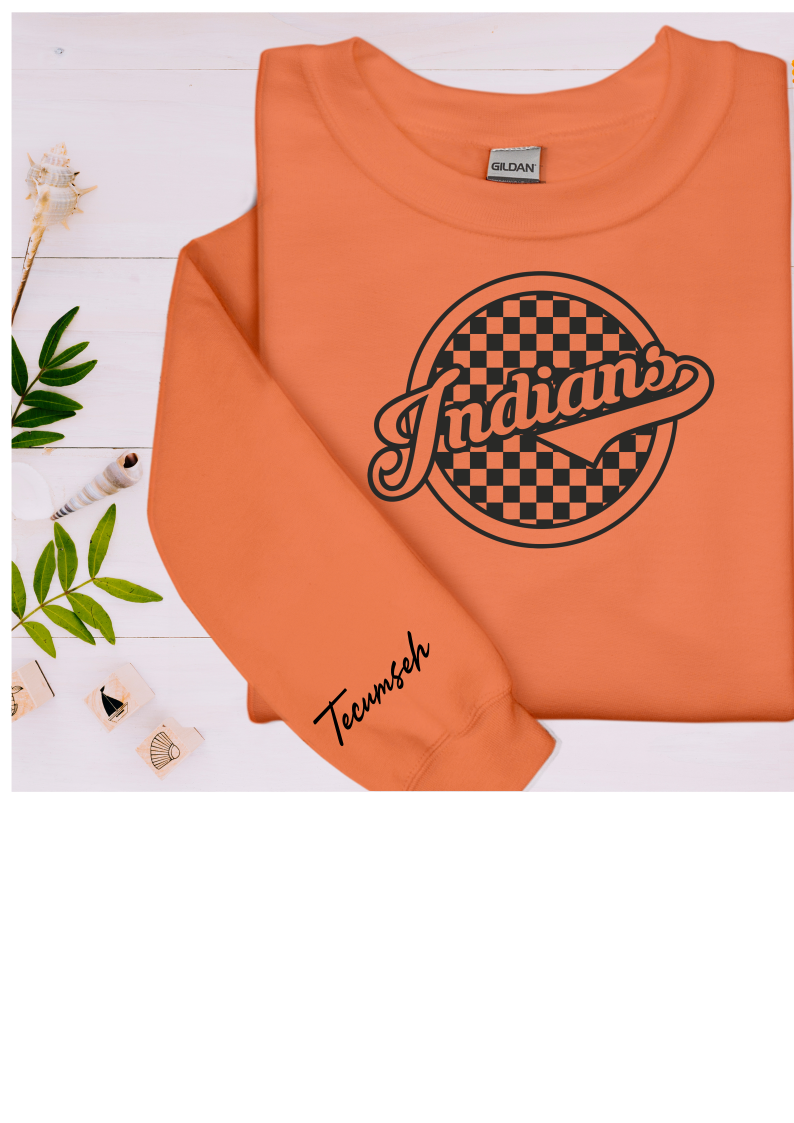 Youth and Adult Orange Sweatshirt with Checkered Circle Indians Design and Sleeve Detail - Sizes up to 5XL