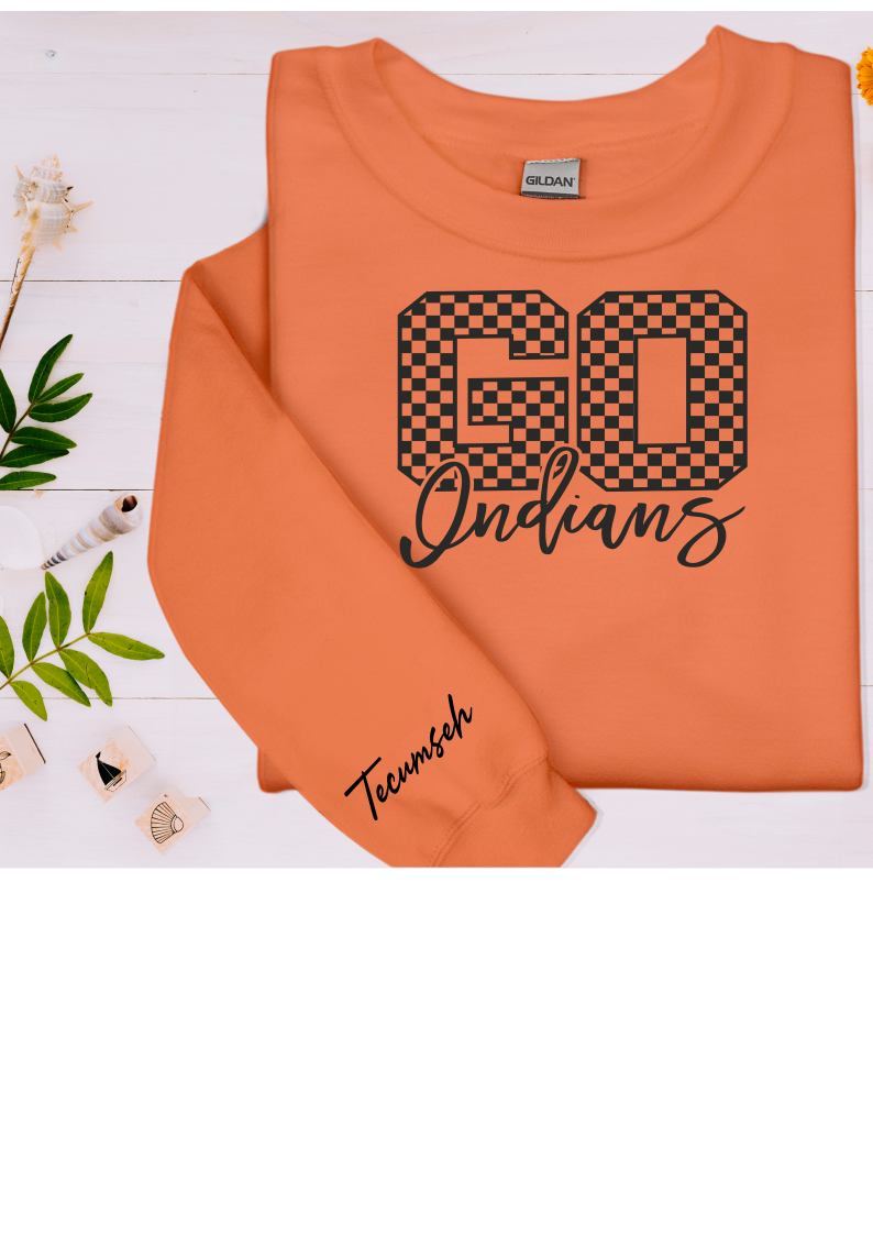 Youth and Adult Orange Sweatshirt with Checkered Go Indians Design and Sleeve Detail - Sizes up to 5XL