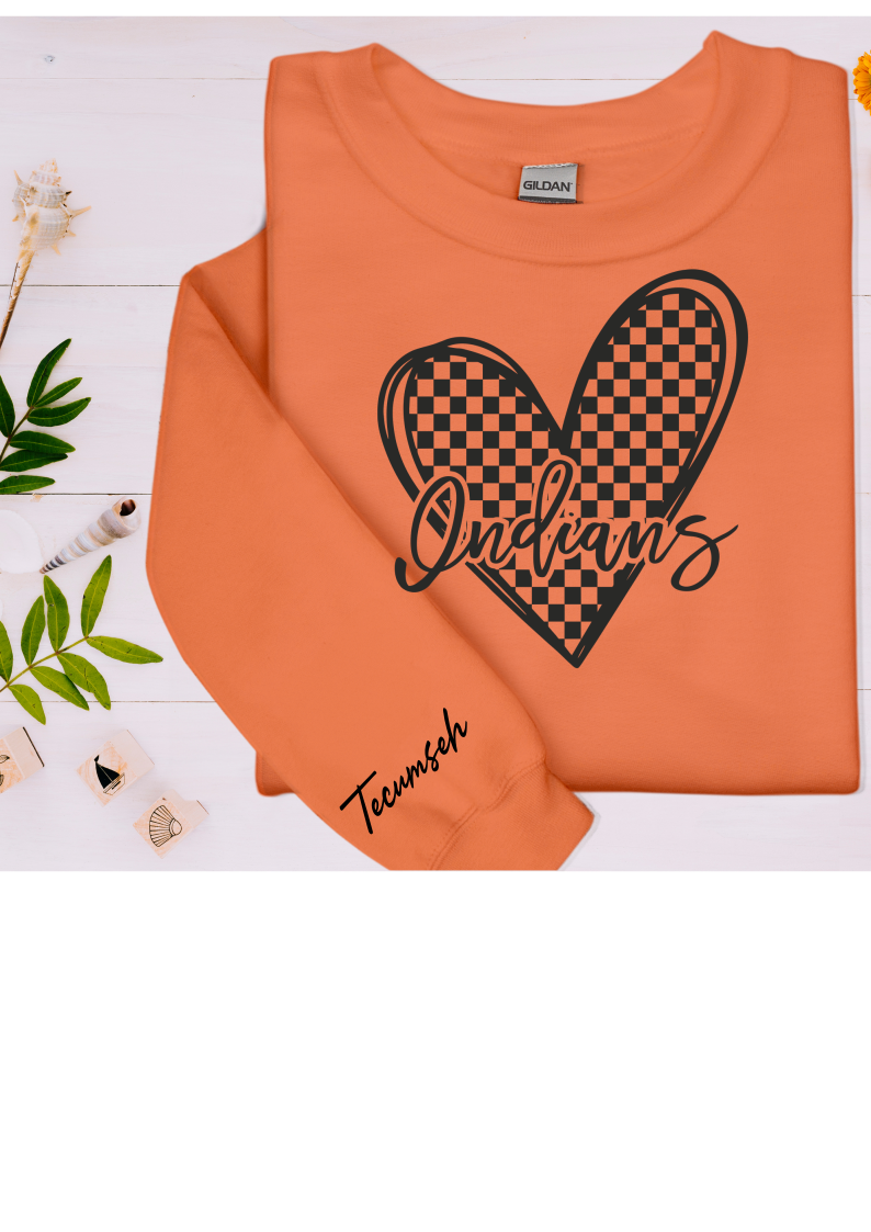 Youth and Adult Orange Sweatshirt with Checkered Heart Indians Design and Sleeve Detail - Sizes up to 5XL
