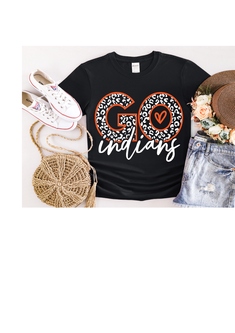 Youth and Adult Black Short Sleeve T-Shirt with Go Indians Design - Sizes up to 5XL